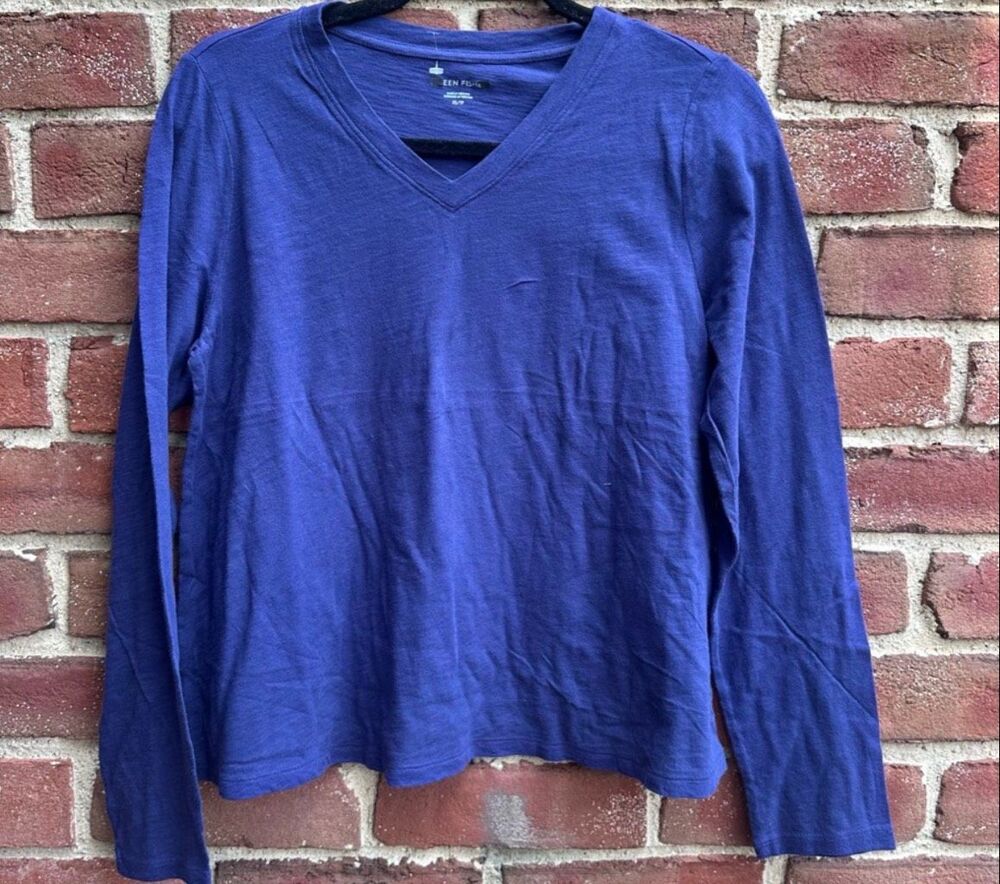 Eileen Fisher $118 Organic Cotton Slub V-Neck Long Sleeve Top royal Purple Women